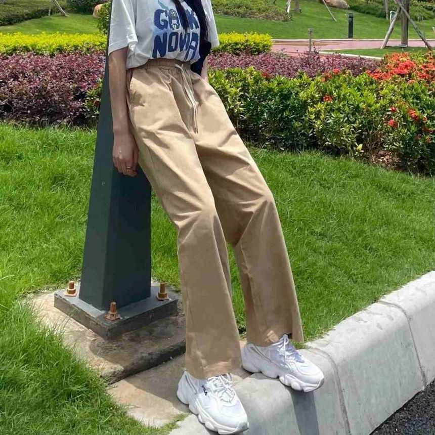 Drawstring Waist Plain Wide Leg Pants Product Image