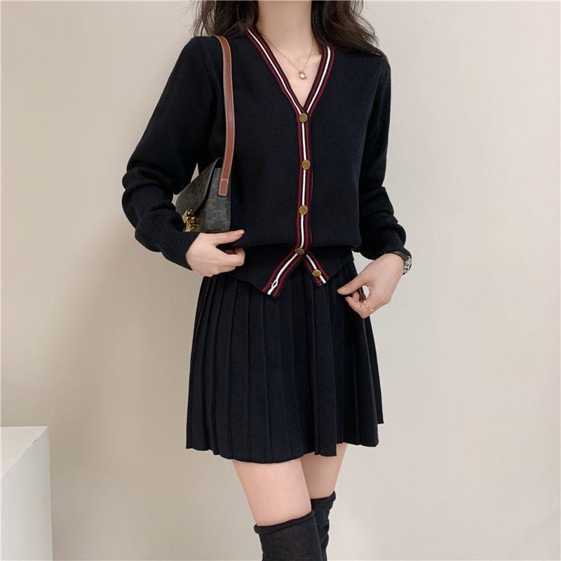 Set: V-Neck Contrast Trim Button-Up Cardigan + High Waist Plain Pleated Knit Mini A-Line Skirt Product Image