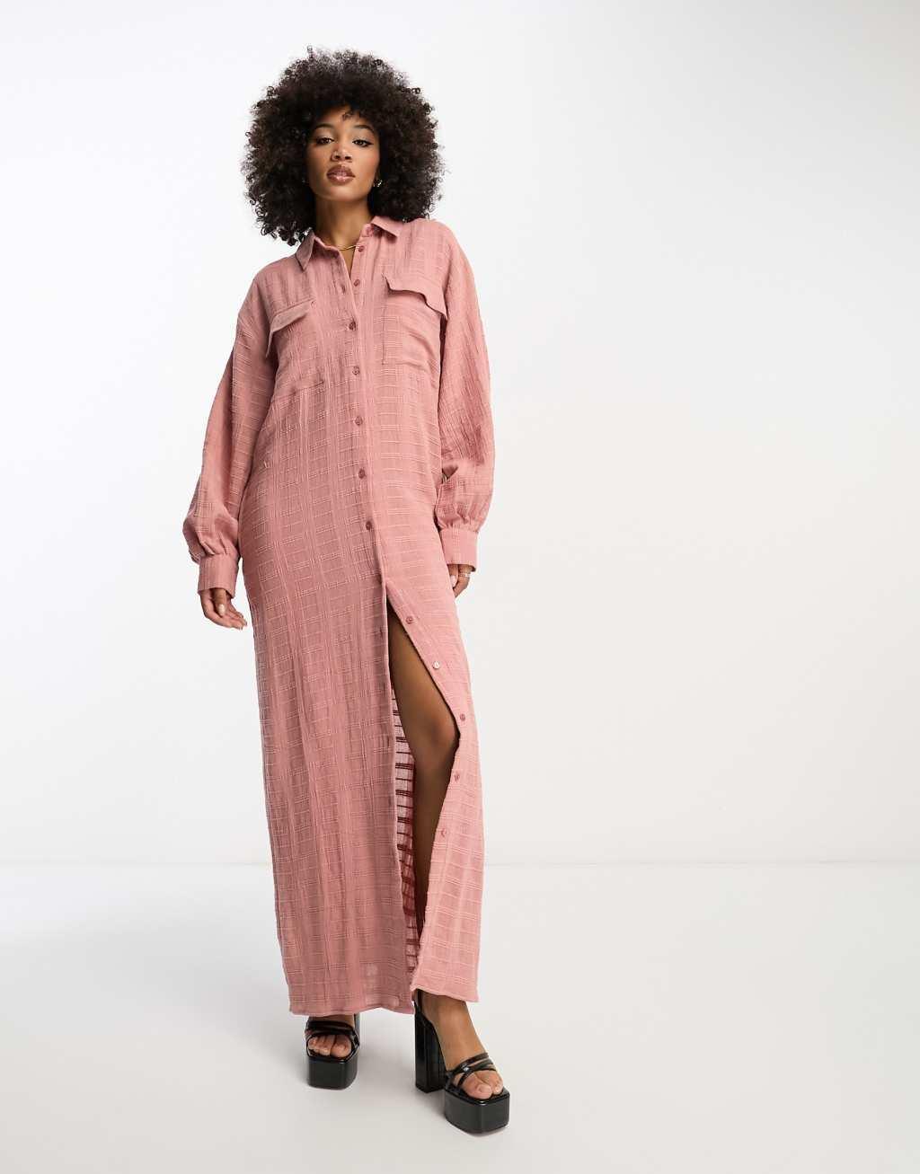 ASOS DESIGN textured plaid maxi shirt dress in terracotta Product Image