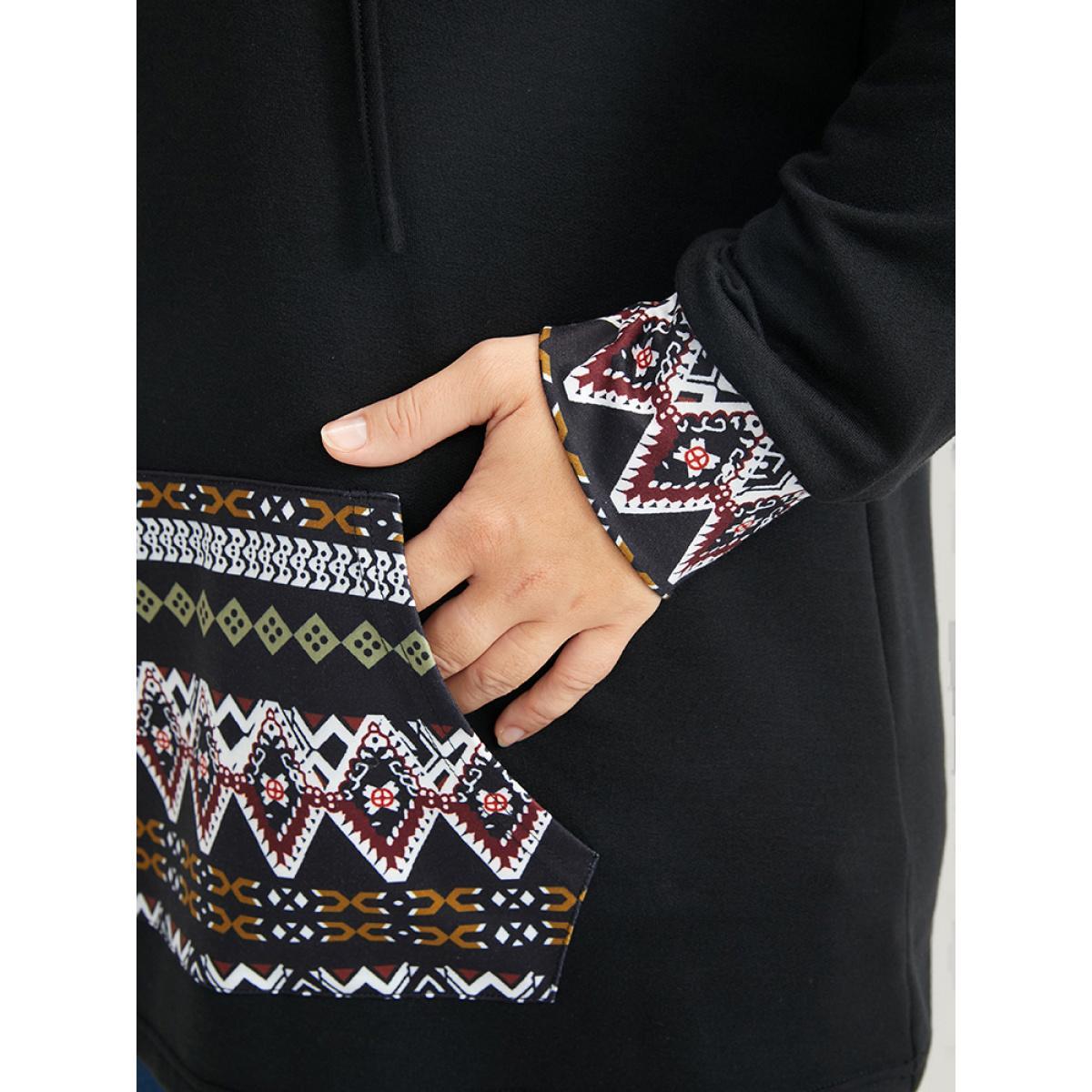 Plus Size Geometric Print Pocket Drawstring Hooded Sweatshirt Women Black Vacation Patchwork Hooded Dailywear Sweatshirts BloomChic 12/L Product Image