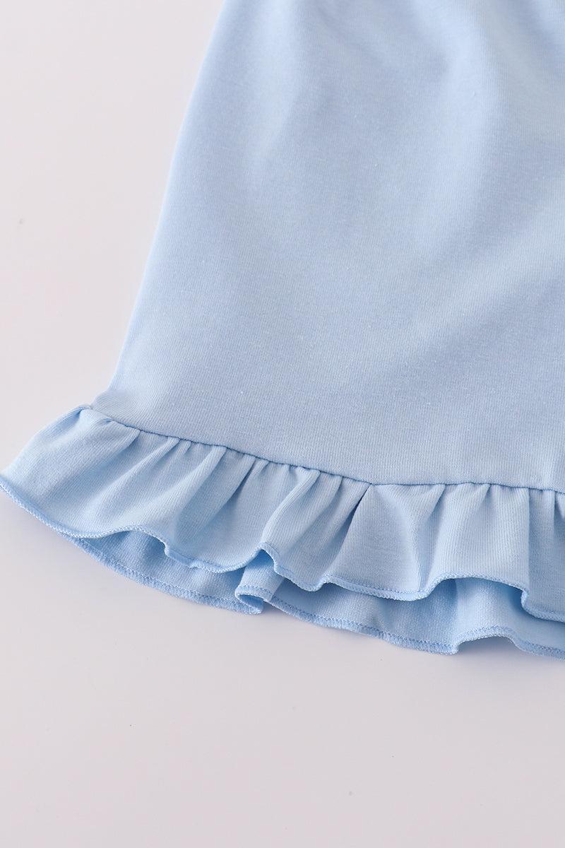 Blue floral bow print ruffle shorts set Product Image