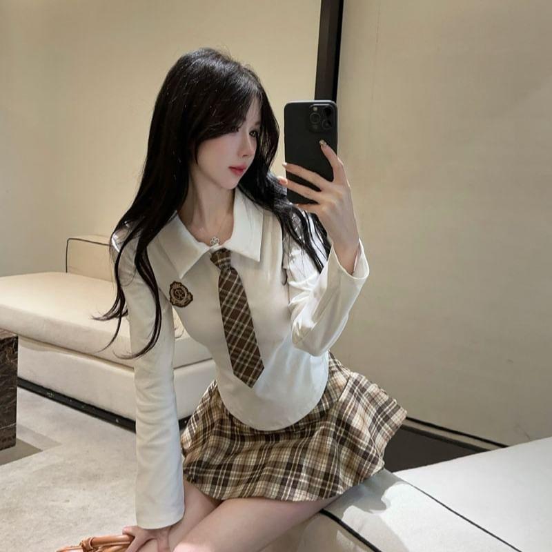 Long-Sleeve Neck Tie Embroidered Polo Shirt / Mid Rise Plaid Mini A-Line Skirt Product Image