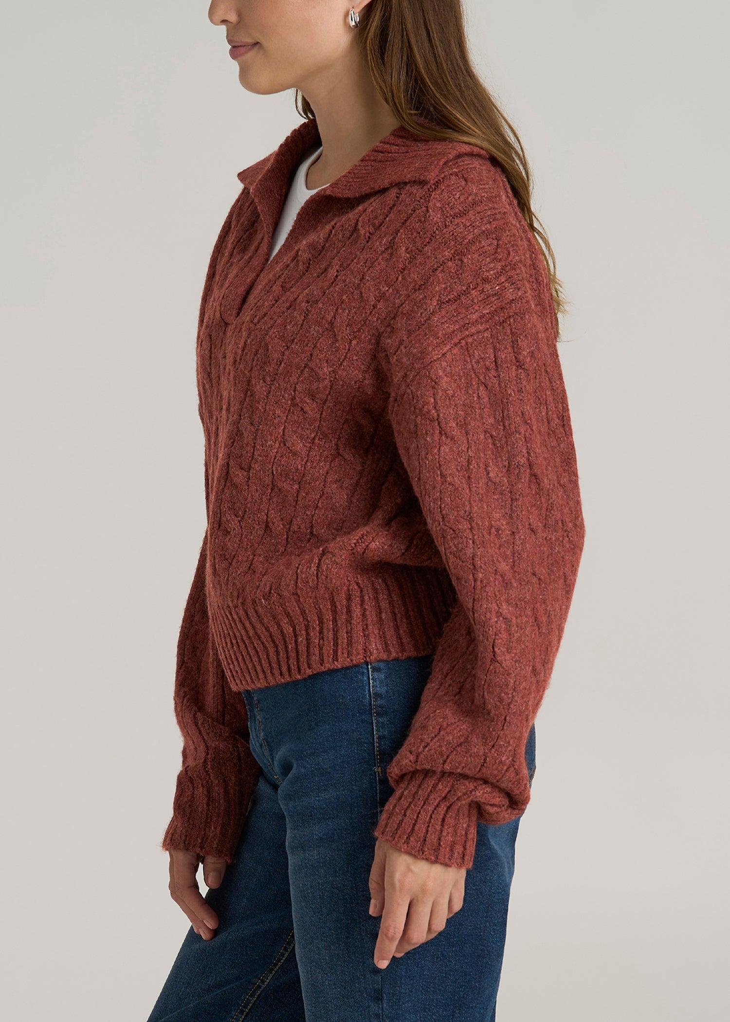 Johnny Collar Cable Knit Sweater for Tall Women in Intense Rust Female Product Image