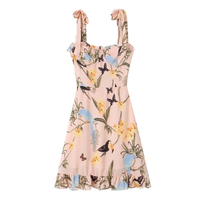 Tie Shoulder Floral Bird Print Ruffle Mini A-Line Dress Product Image