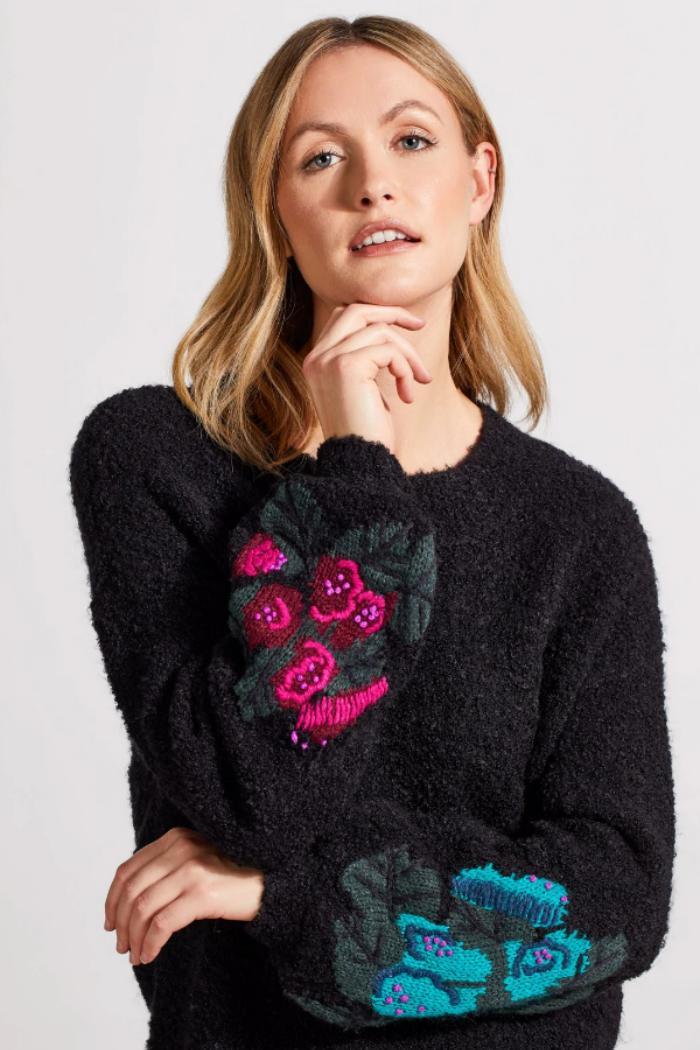 BOUCLÉ Drop Shoulder Sweater With Embroidered Sleeves Product Image