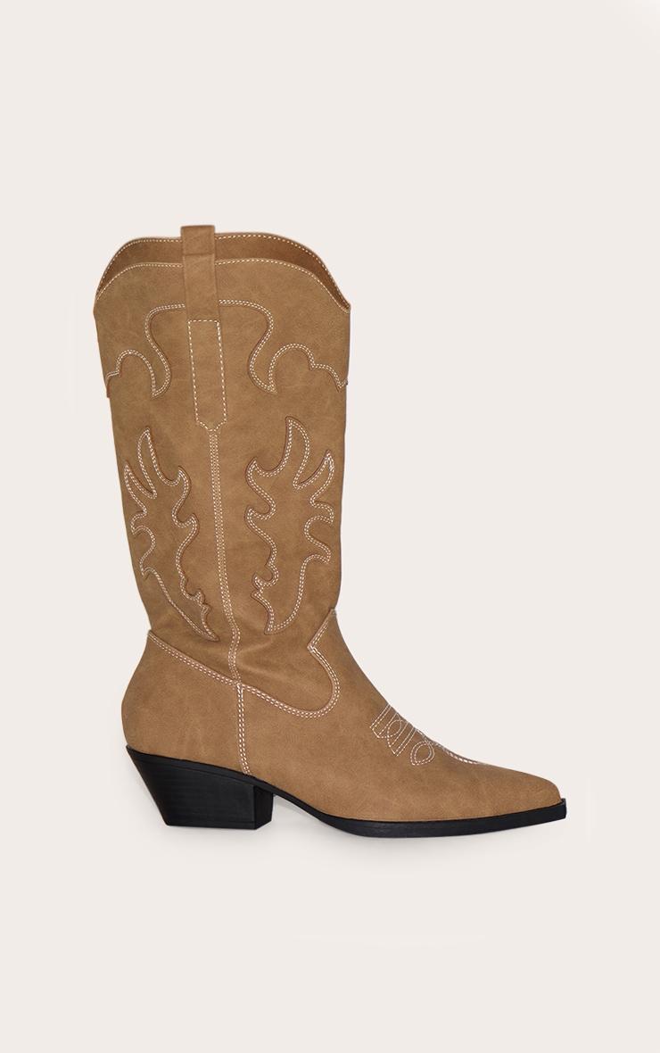Stone Faux Suede Point Toe Low Block Heel Stitched Western Boots Product Image