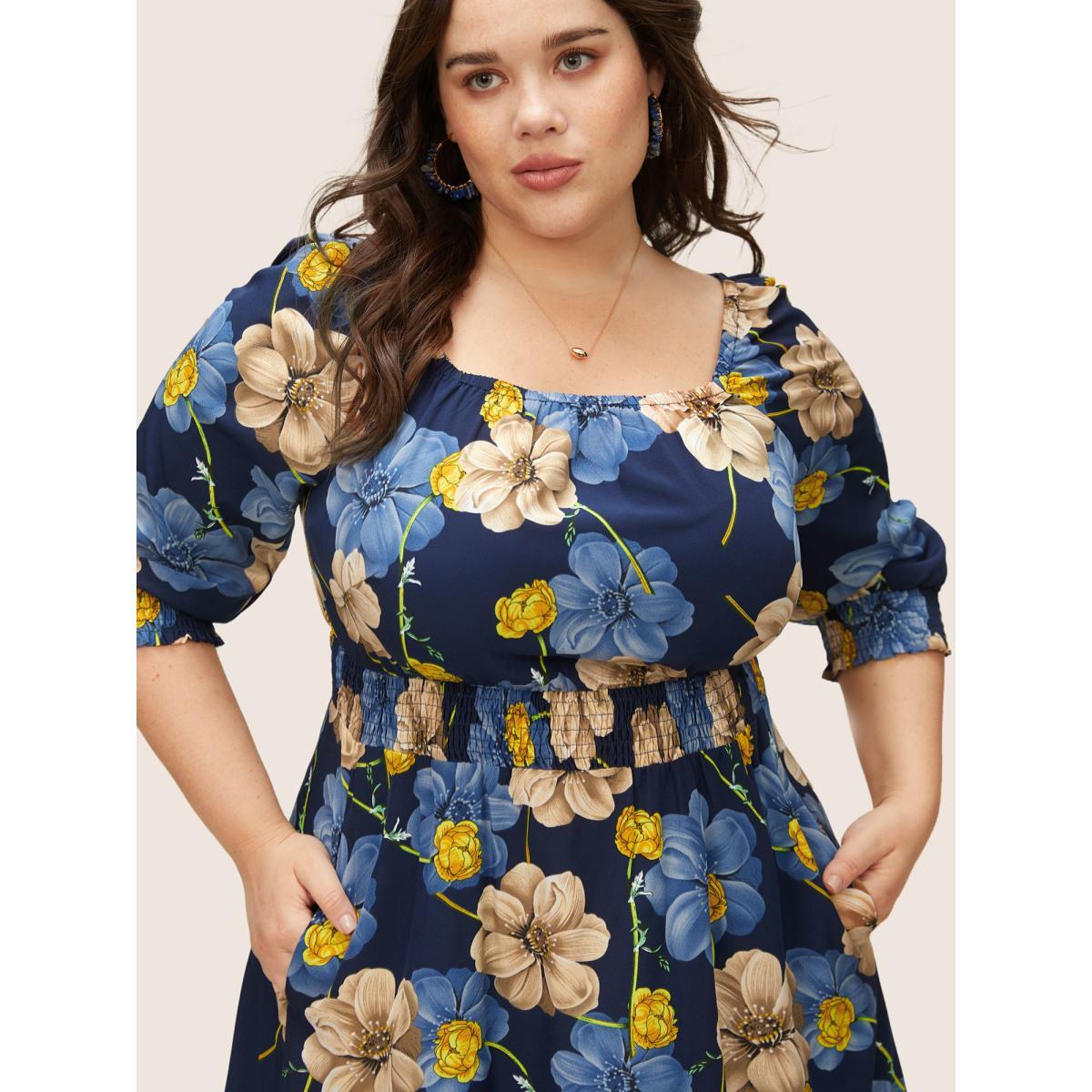 Plus Size Floral Print Square Neck Shirred Cuffs Dress DarkBlue Women Elegant Non Square Neck Elbow-length sleeve Curvy Midi Dress BloomChic 28/5X Product Image