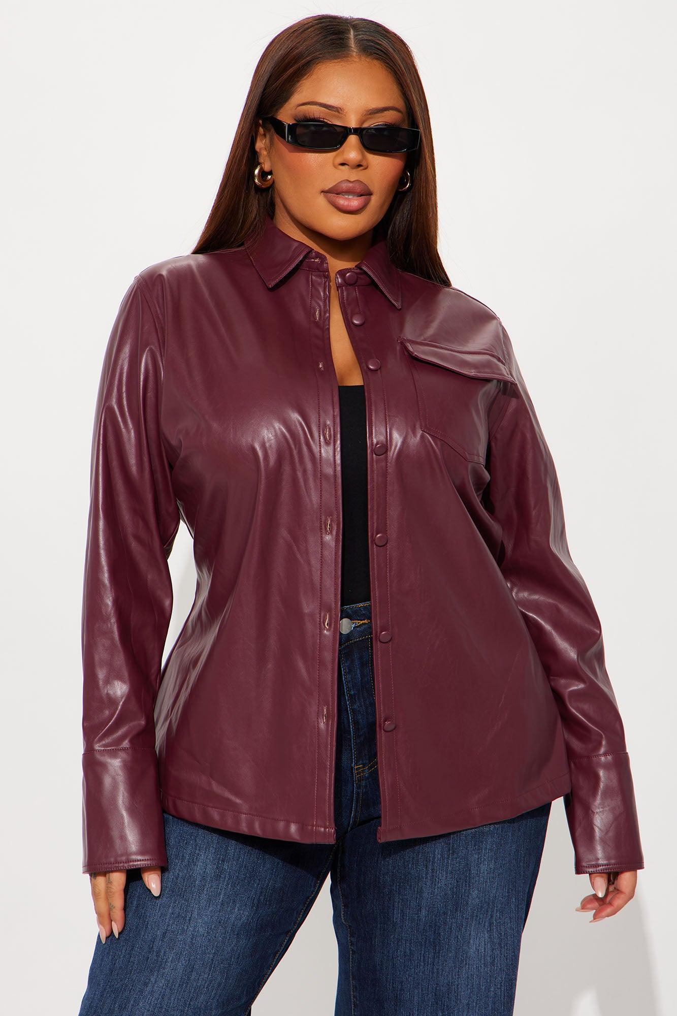 Show Time Faux Leather Shirt - Burgundy Female Product Image