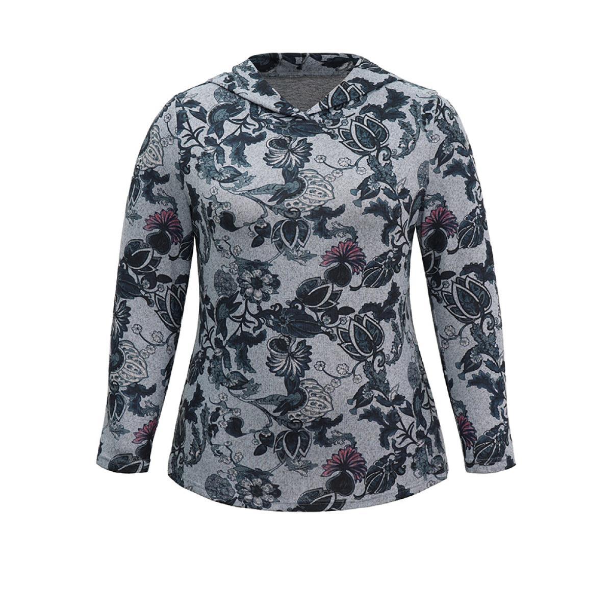 Plus Size Floral Print Hooded T-shirt DimGray Women Elegant Printed Floral Hooded Dailywear T-shirts BloomChic 14-16/1X Product Image
