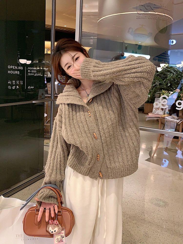 Turtleneck Plain Button Ribbed Knit Toggle Cardigan Product Image