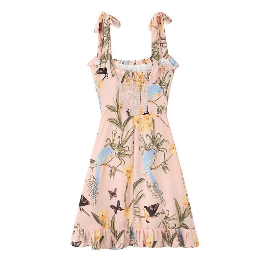 Tie Shoulder Floral Bird Print Ruffle Mini A-Line Dress Product Image