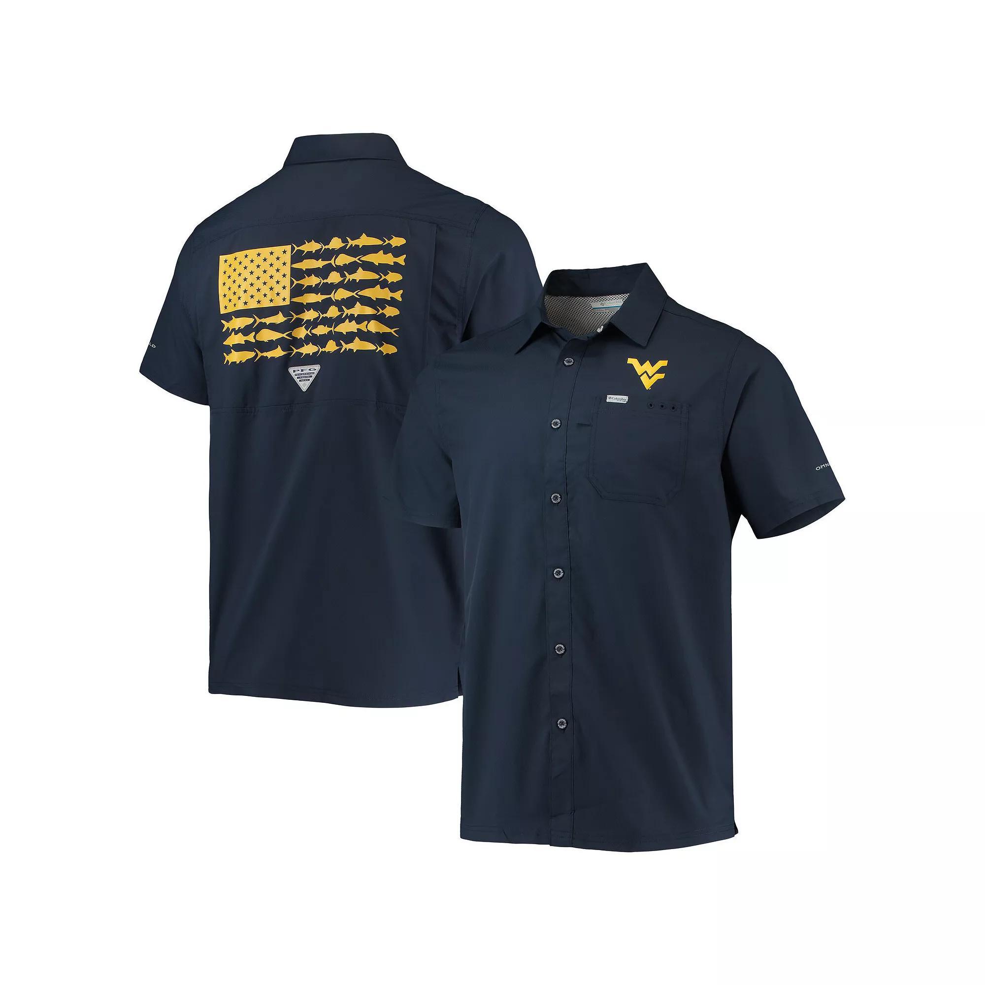 Men's Columbia PFG Navy West Virginia Mountaineers Slack Tide Camp Button-Up Shirt,  Product Image