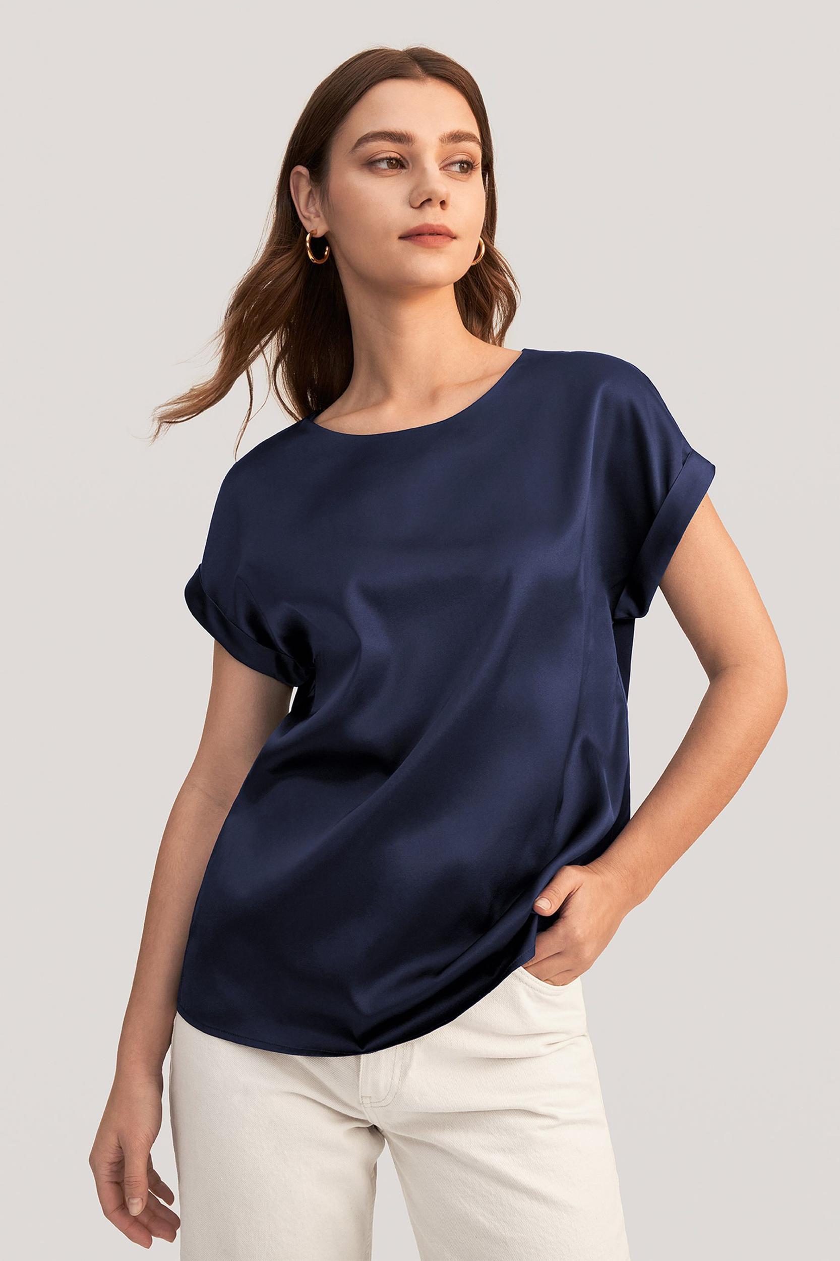 LILYSILK Women Silk Tee Shirts Black Quality Stretchy Silk Soft Classic Round Neck Rolled Cuffs Silk Top XS Product Image