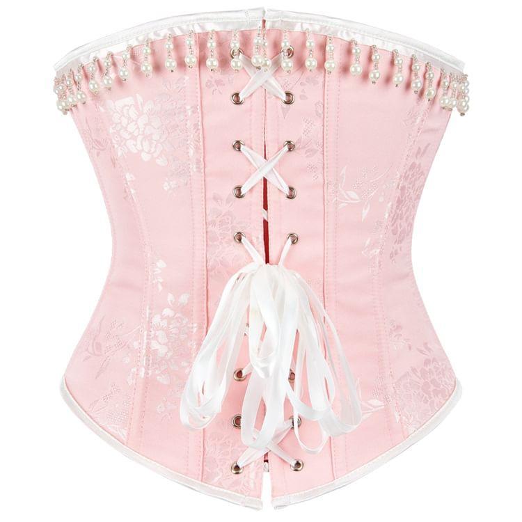 Floral Jacquard Faux Pearl Fringed Bustier Top Product Image