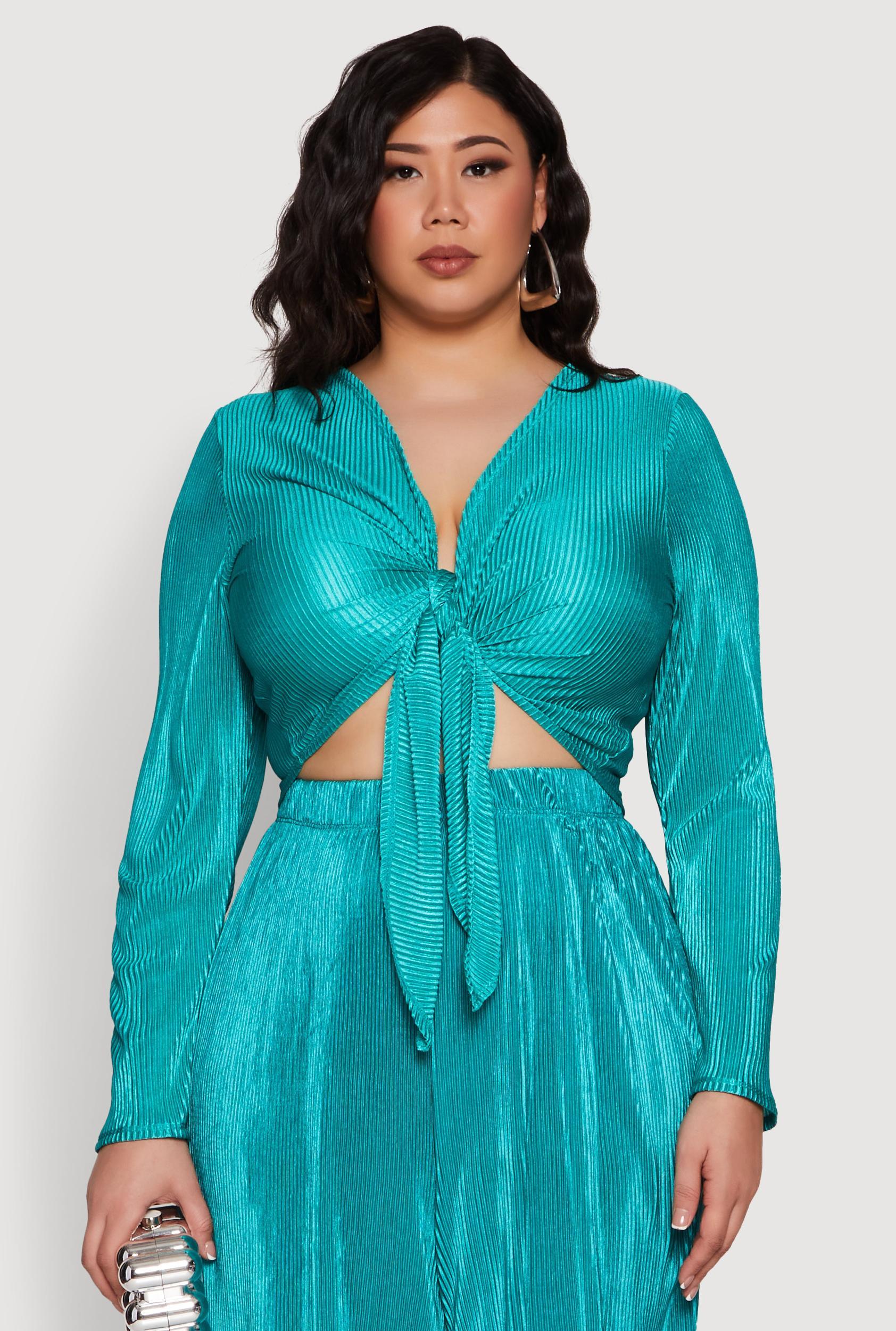 Womens Plus Size Plisse Tie Front Crop Top Product Image