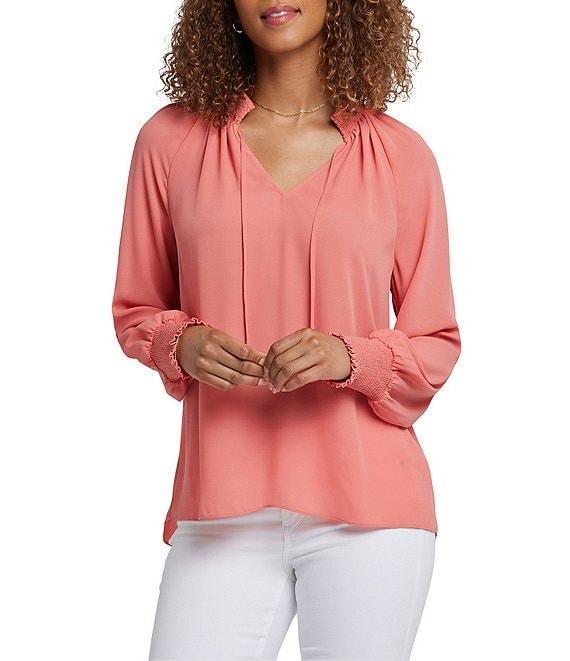NYDJ Gemma Split V-Neck Smocked Long Sleeve Curved Hem Blouse Product Image
