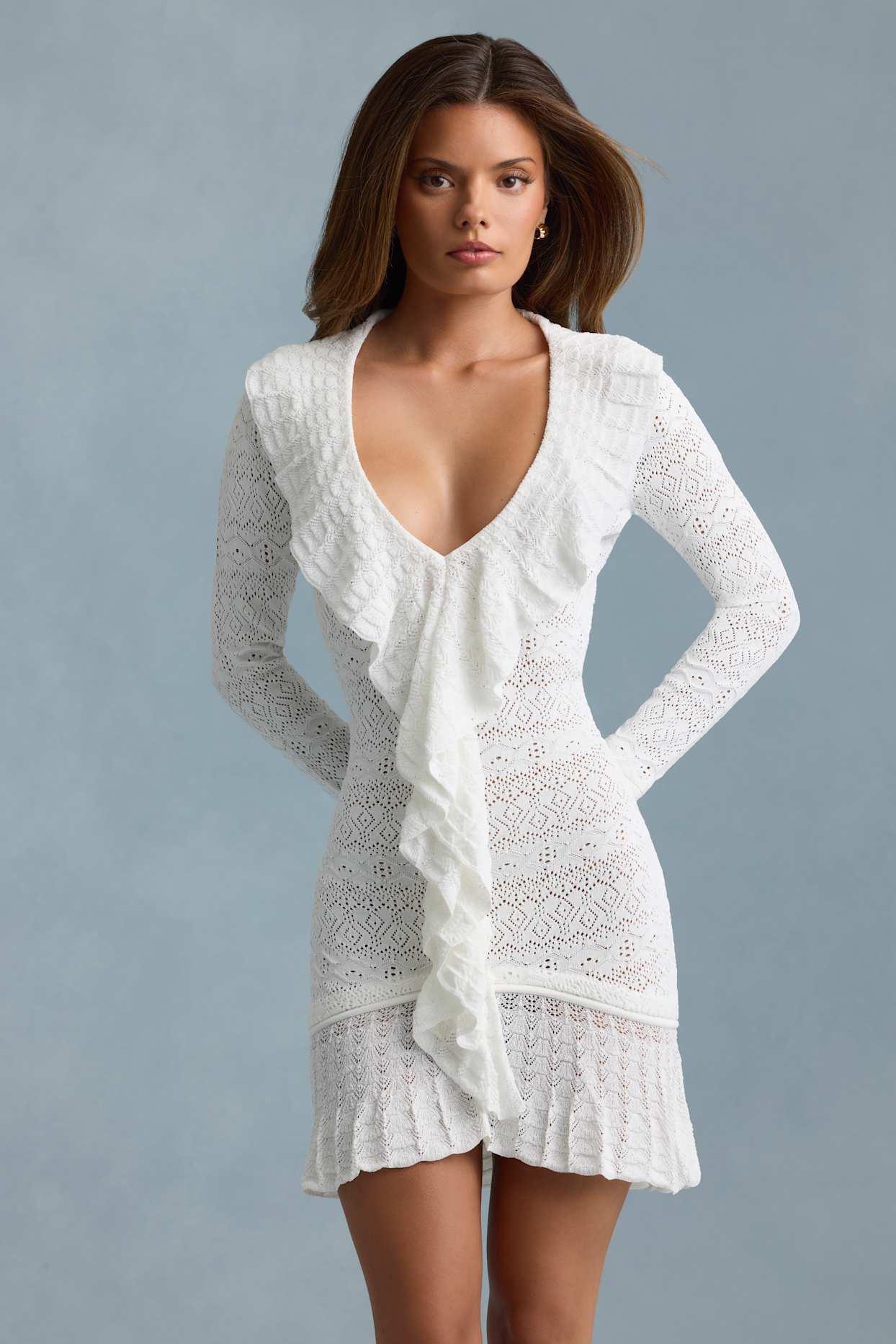 Ruffle-Trim Pointelle-Knit Mini Dress in White Product Image