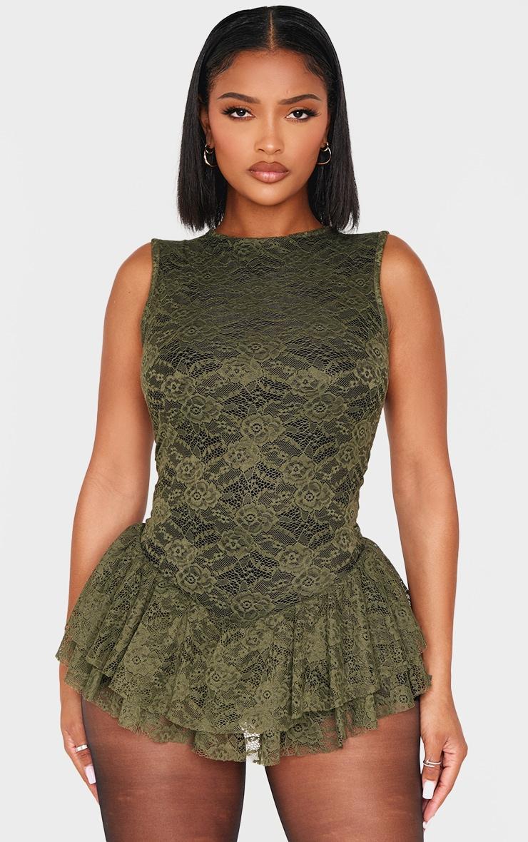 Shape Khaki Lace Dropped Hem Multi Frill Romper Product Image