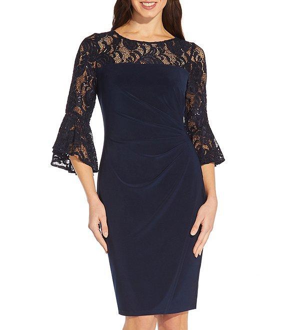 Adrianna Papell Sequin Lace 3/4 Bell Sleeve Round Illusion Neck Jersey Side Draped Sheath Dress Product Image
