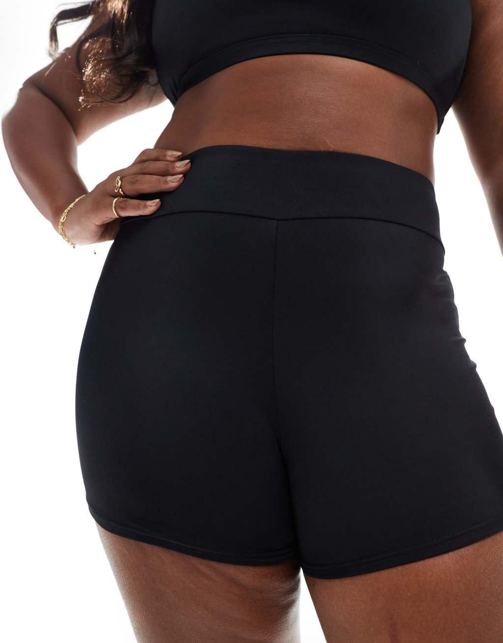 ASOS DESIGN Curve Maya mix and match deep band booty shorts bikini bottom in black Product Image