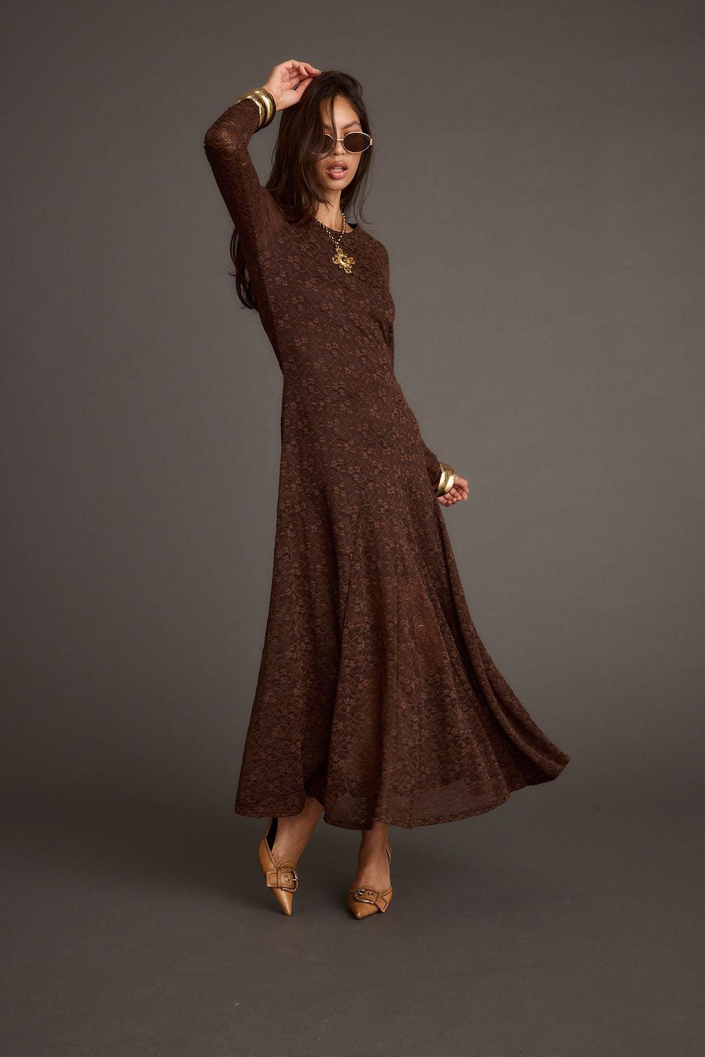 Tierra Brown Lace Long Sleeve Maxi Dress Product Image