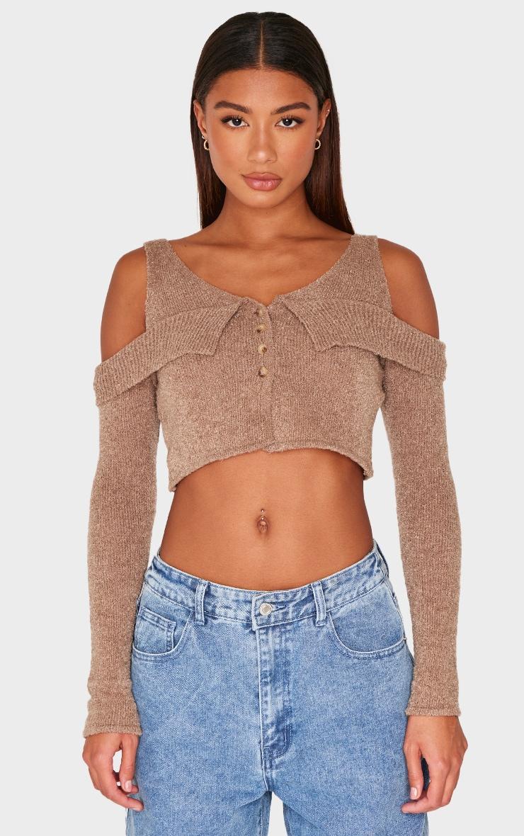 Taupe Boucle Knit Cold Shoulder Button Up Top Product Image