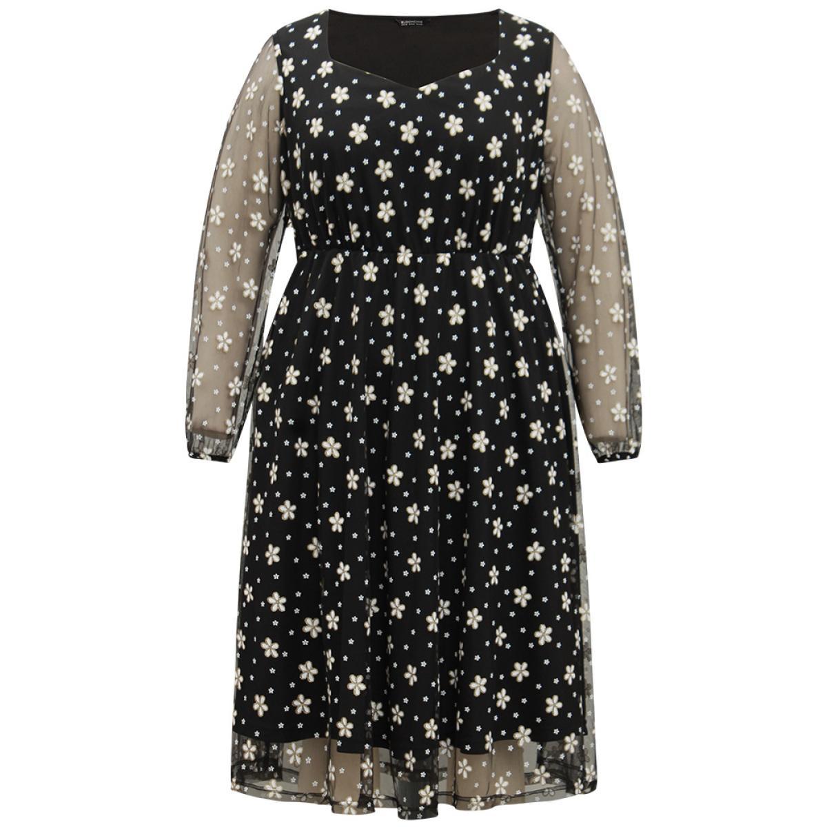 Plus Size Floral Lace Mesh Pocket Elastic Waist Dress Black Women Party Elastic cuffs Square Neck Long Sleeve Curvy Midi Dress BloomChic 30/6X Product Image