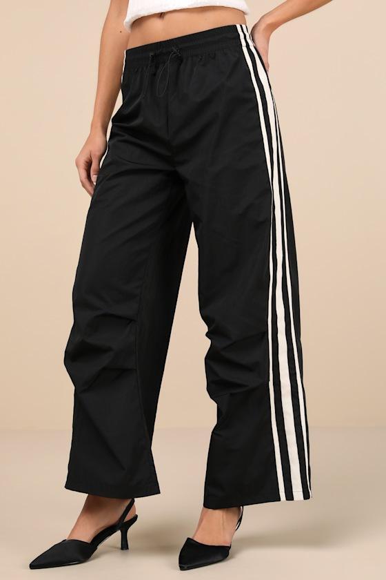 Sporty Sweetie Black Nylon Drawstring Wide-Leg Athletic Pants Product Image