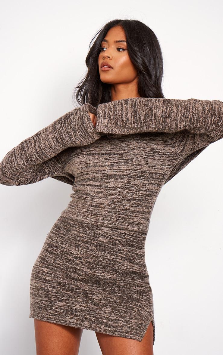 Tall Brown Knitted Bardot Long Sleeve Top Product Image