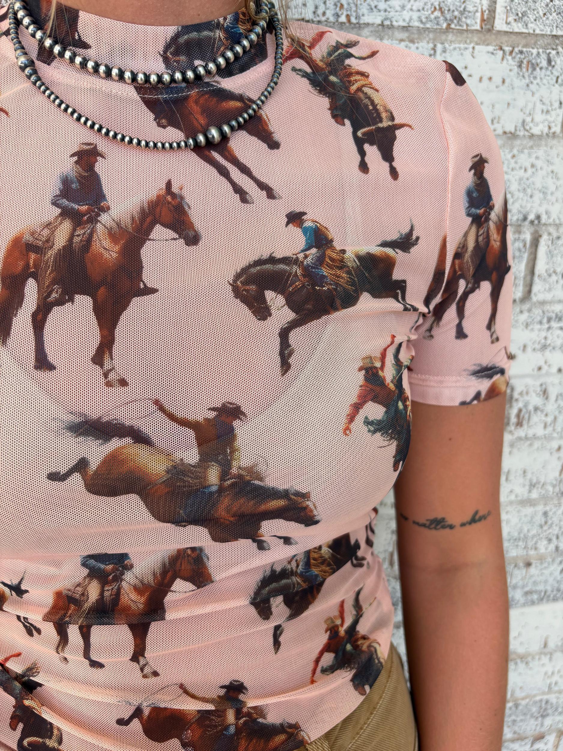 L&B Peach Horse Short Sleeve Mesh Top Product Image