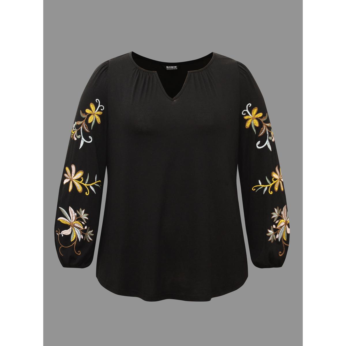 Plus Size Floral Embroidered Sleeve Notched Neckline T-shirt Black Women Elegant Gathered Natural Flowers Notched collar Everyday T-shirts BloomChic 30/6X Product Image