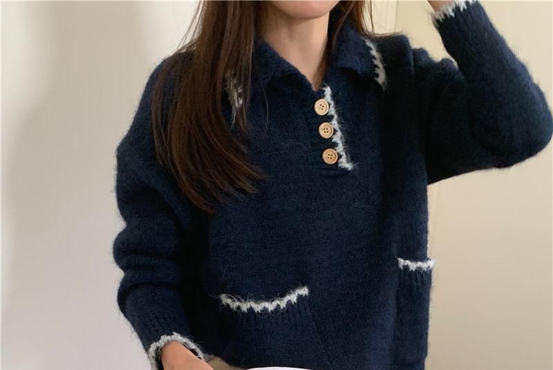 Collar Plain Contrast Trim Pocket Detail Sweater Product Image