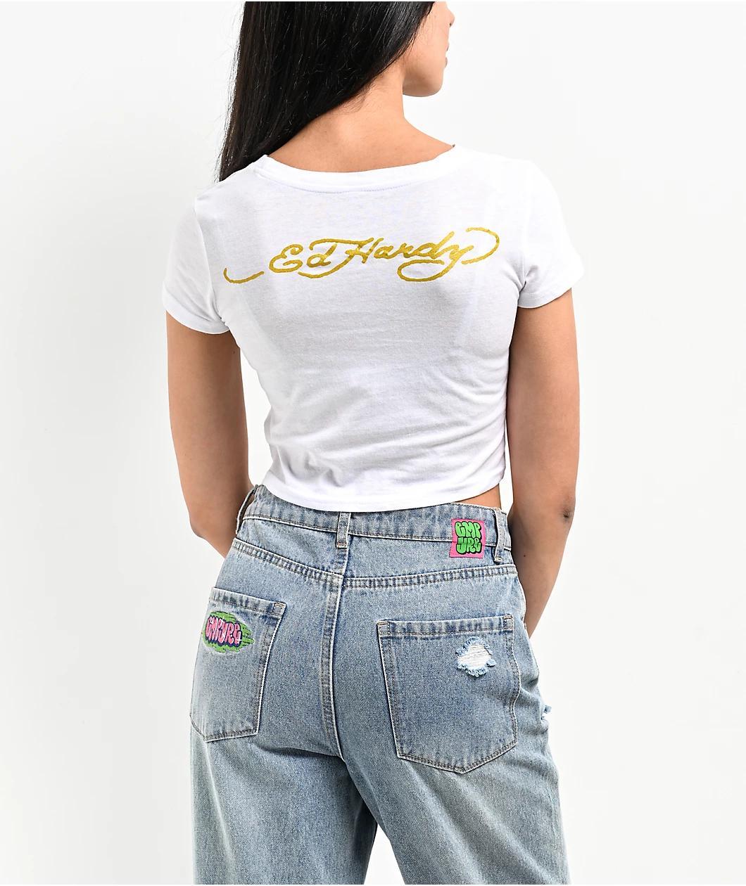 Ed Hardy Mary Rhinestone White Crop T-Shirt Product Image