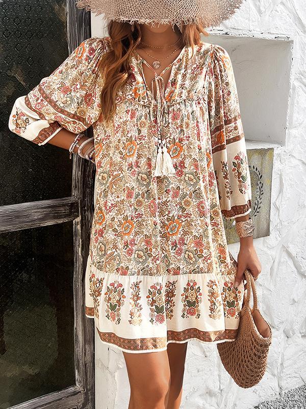 A-Line Loose Contrast Color Drawstring Flower Print Pleated Split-Joint V-Neck Mini Dresses Product Image