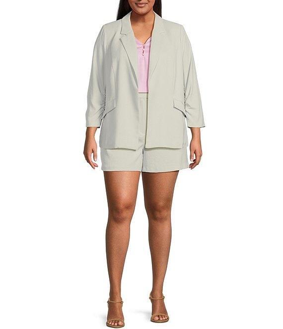Skies Are Blue Plus Size Notch Lapel Shirred 3/4 Sleeve Open Front Coordinating Statement Blazer Product Image