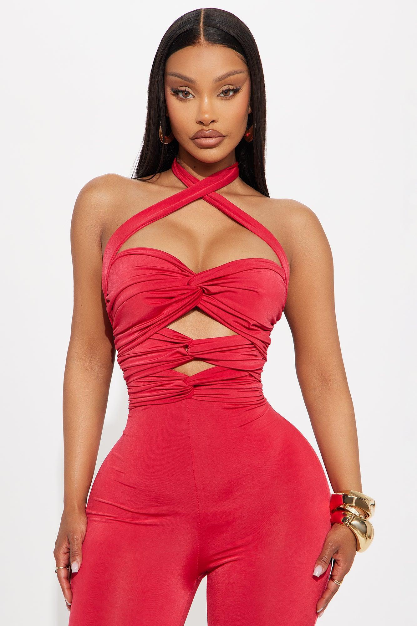 Dare Me Ruched Cut Out Halter Jumpsuit - Red Product Image