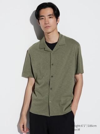 Mens Airism Cotton Full Open Polo Shirt (Open Collar) Olive XS UNIQLO US Product Image