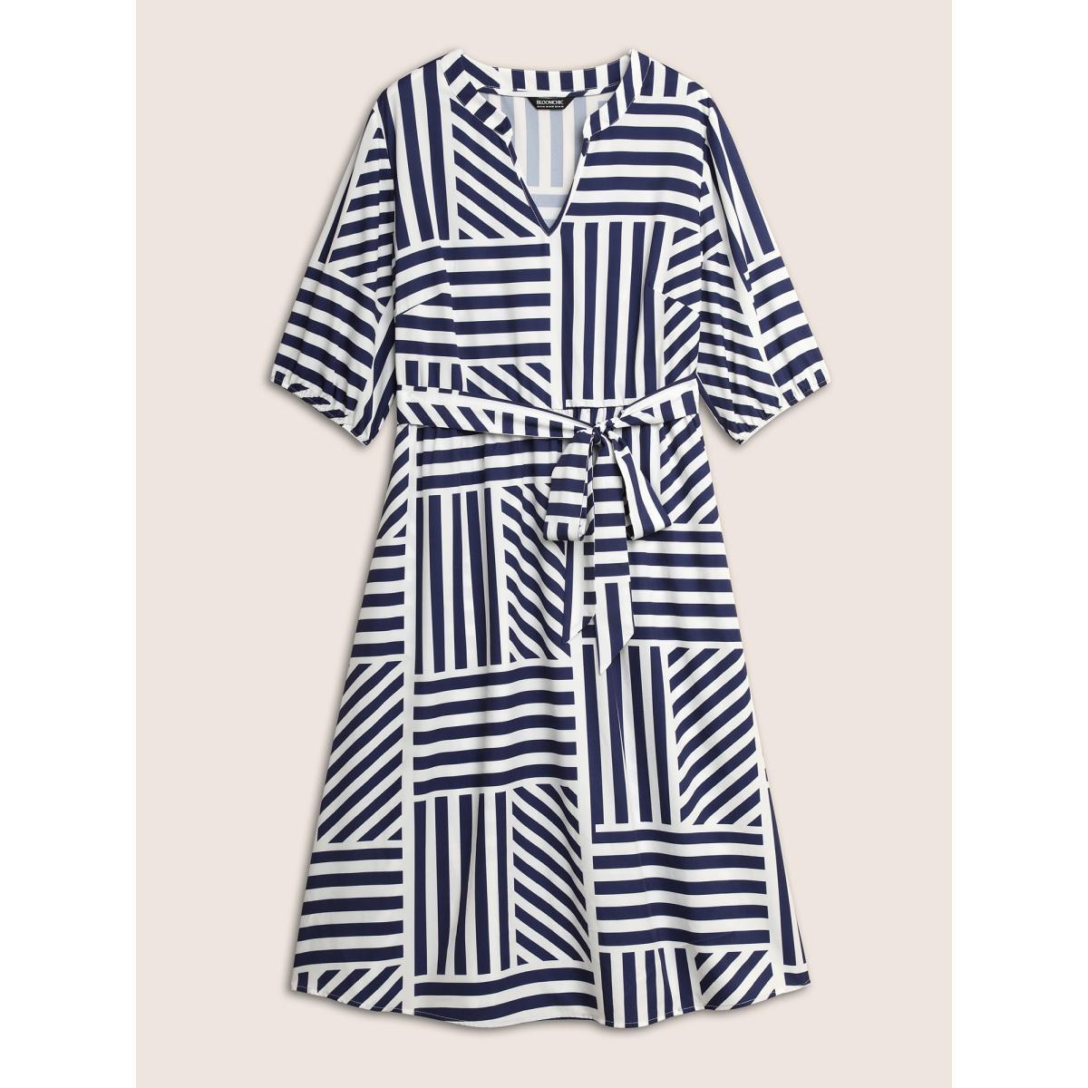 Plus Size Striped Notched Collar Belted Midi Dress DarkBlue Women At the Office Belted Notched collar Half Sleeve Curvy BloomChic 28/5X Product Image