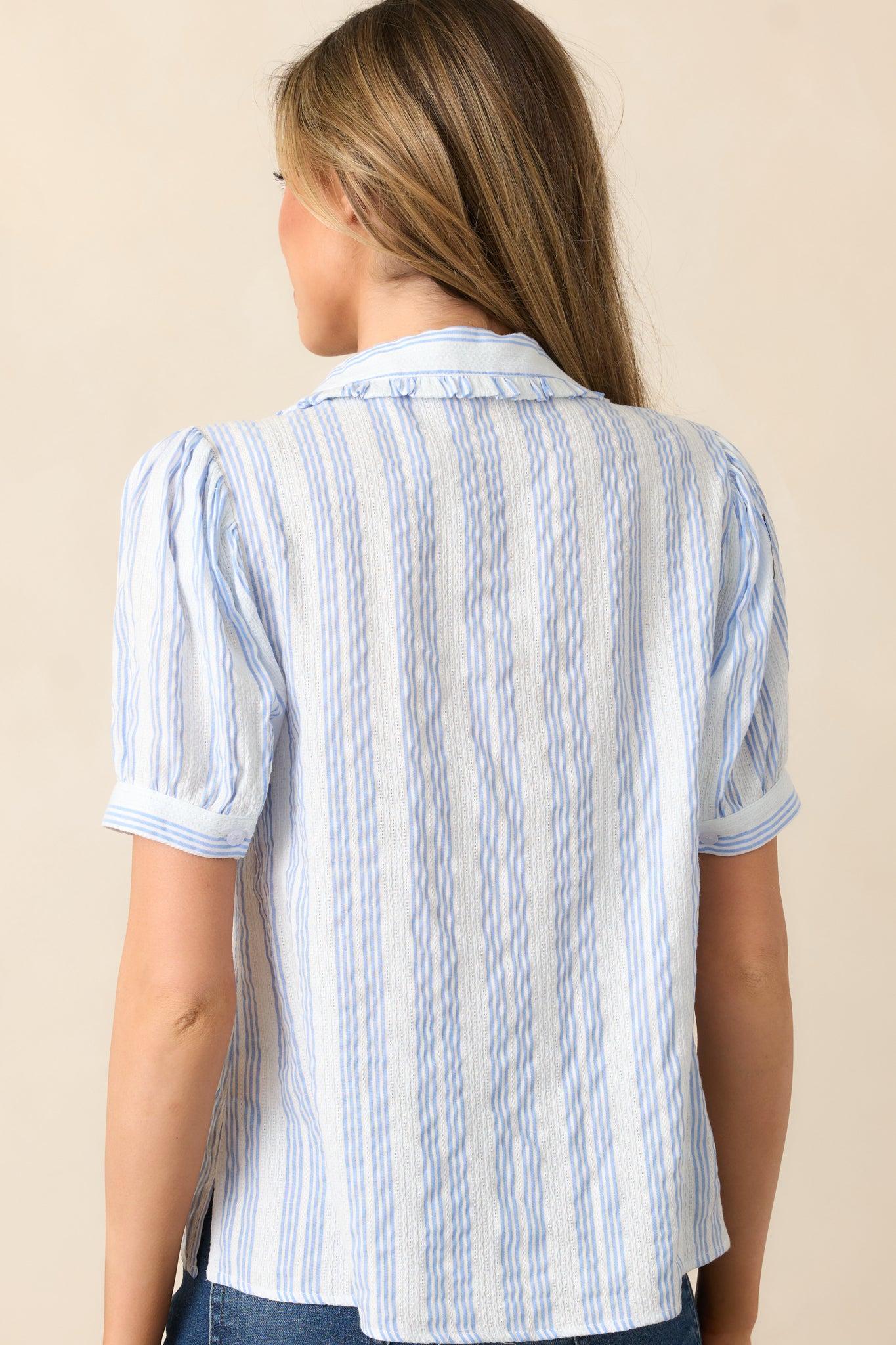 Up In The Clouds Cotton Blue Stripe Button Front Blouse Product Image