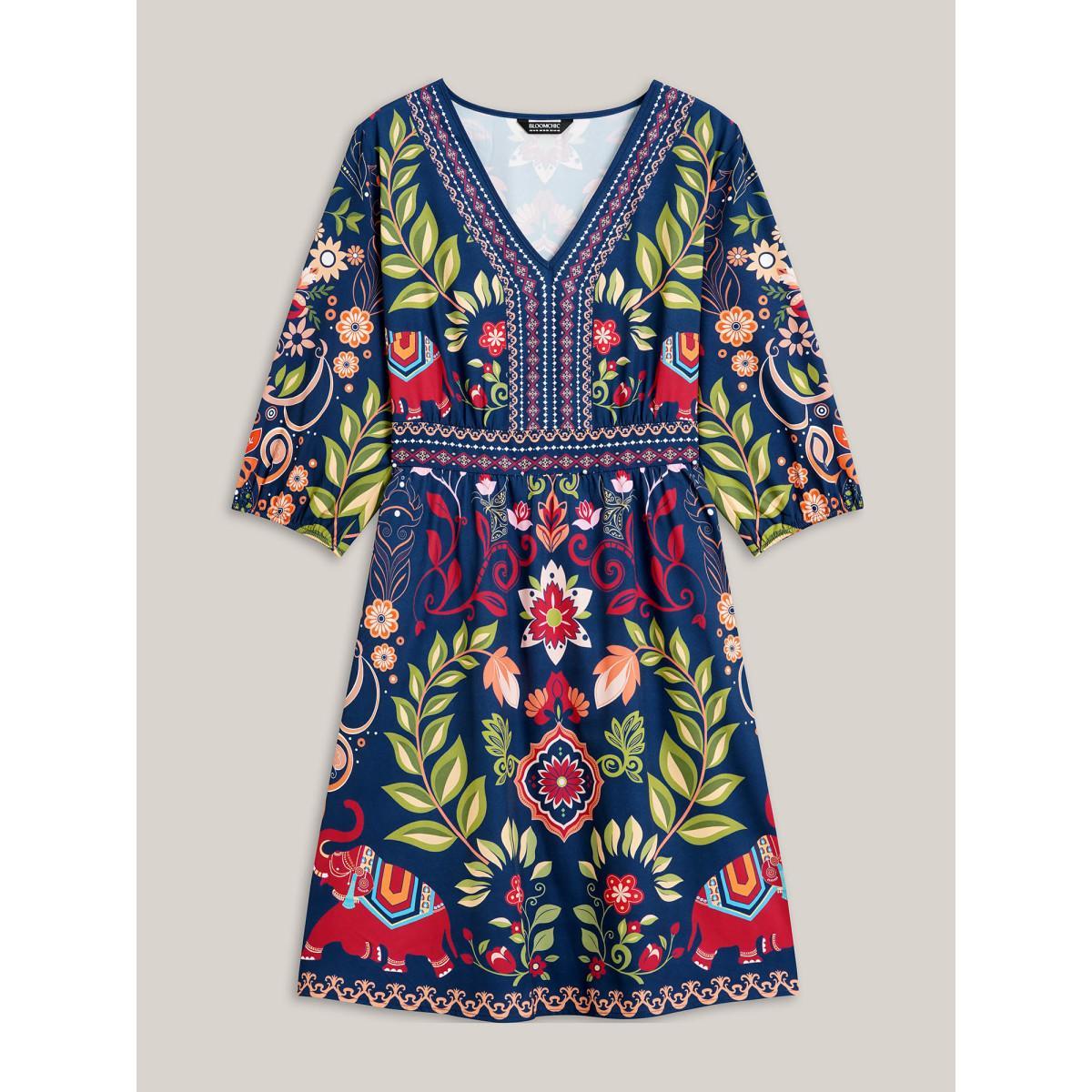Plus Size Boho Print V-Neck Pockets Midi Dress DarkBlue Women Boho Non V-neck Elbow-length sleeve Curvy BloomChic 26/4X Product Image