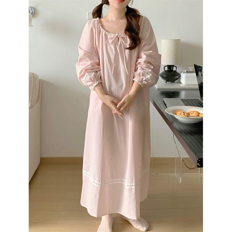 Couple Matching Long Sleeve Scoop Neck Striped Tie-Up Pajama Dress / Collared Shirt / Straight Leg Pants / Set (Various Designs) Product Image