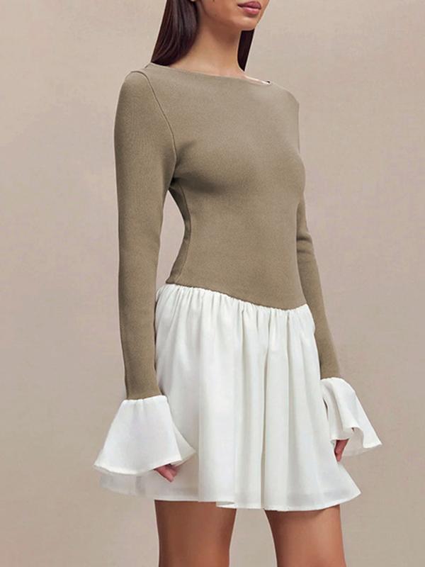 A-Line Flared Sleeves Contrast Color Pleated Split-Joint Round-Neck Mini Dresses Product Image