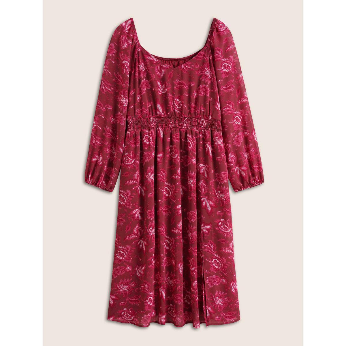 Plus Size Square Neck Floral Shirred Gathered Mesh Dress Russet Women Elegant See through Square Neck Long Sleeve Curvy Midi Dress BloomChic 12/L Product Image