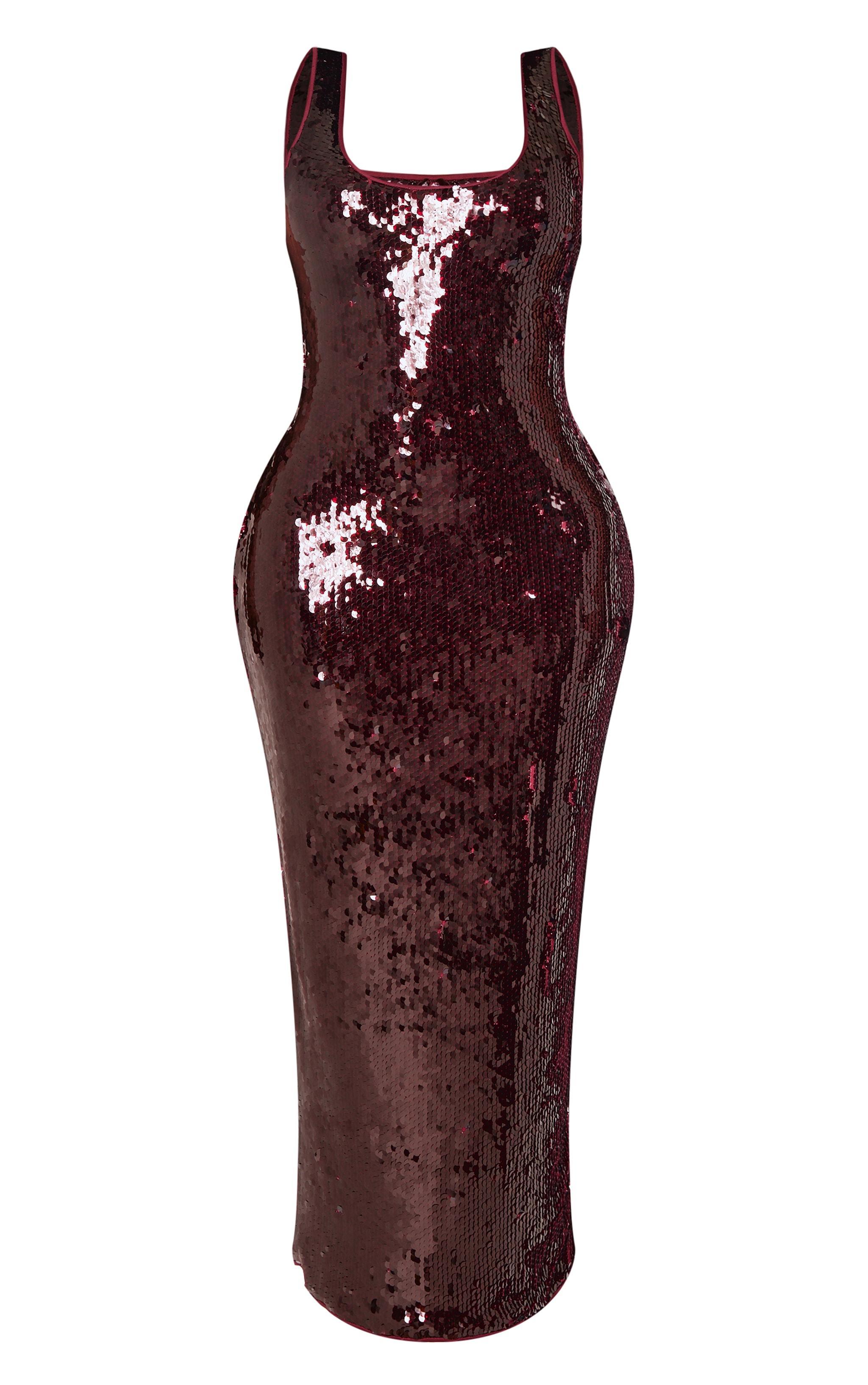 Shape Burgundy Sequin Scoop Neck Maxi Dress Product Image