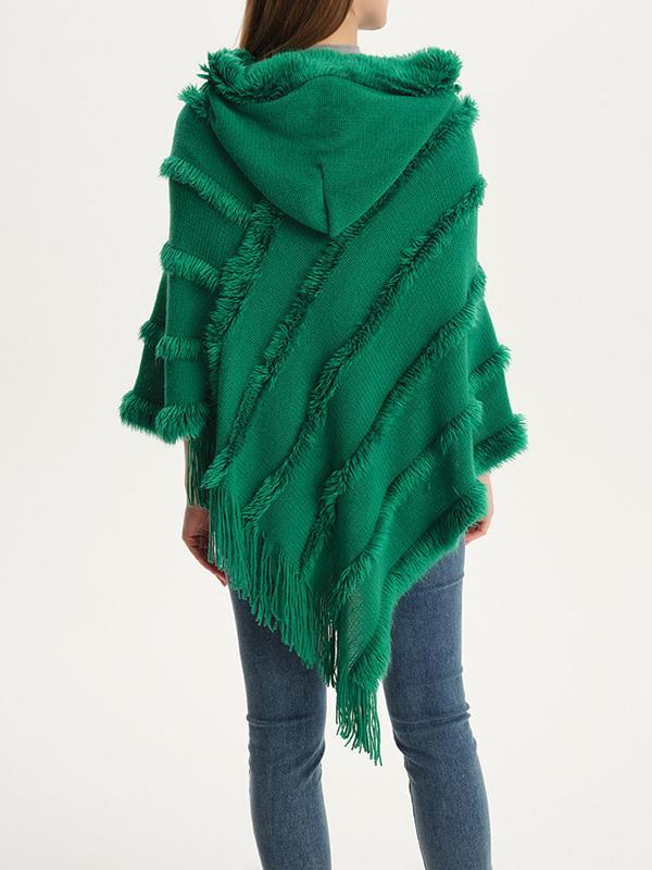 Hooded Keep Warm Solid Color Tasseled Cape Shawl&Cloak Product Image