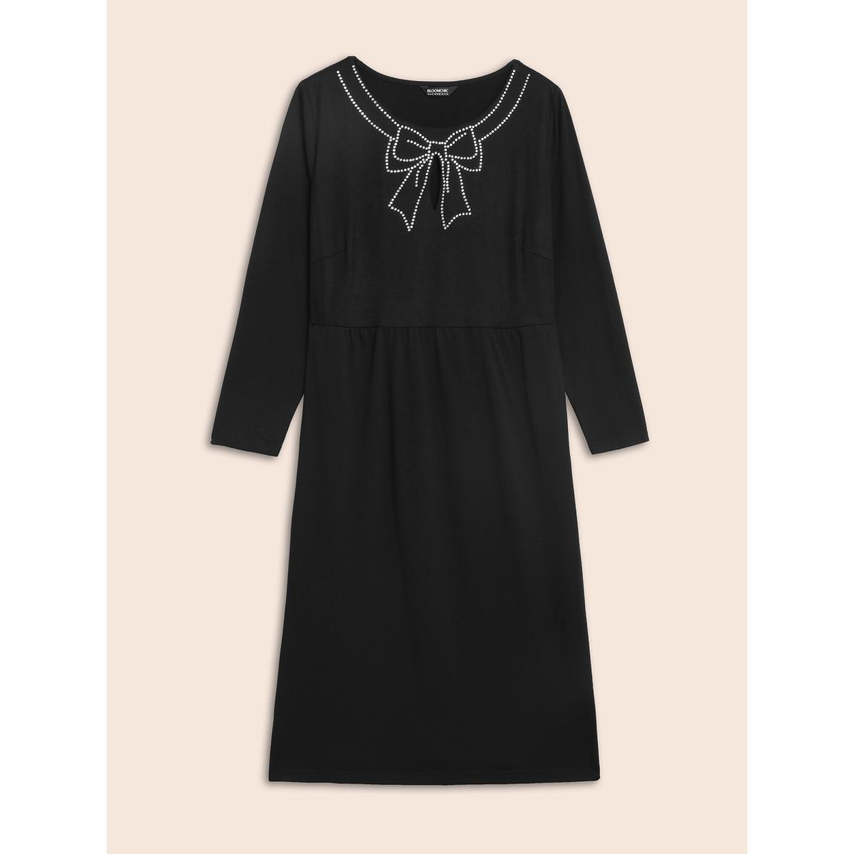 Plus Size Round Neck Bowknot Rhinestone Dress Black Women Playful Rhinestone detailing Round Neck Long Sleeve Curvy BloomChic 30/6X Product Image