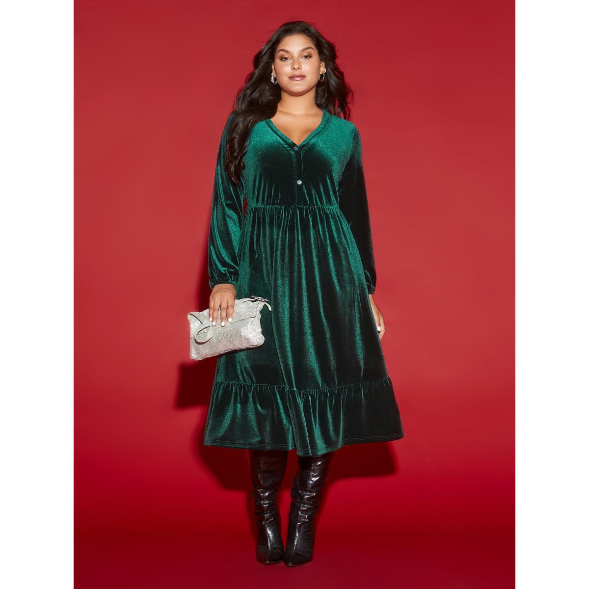 Plus Size Velvet Front Button Pleated Midi Dress DarkGreen Women Cocktail Texture V-neck Long Sleeve Curvy BloomChic 12/L Product Image