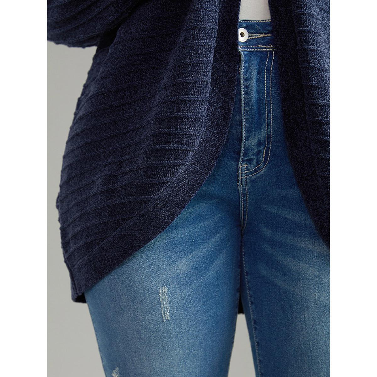 Plus Size Plain Textured Dolman Sleeve Arc Hem Cardigan Indigo Women Casual Loose Long Sleeve Dailywear Cardigans BloomChic 18-20/2X Product Image