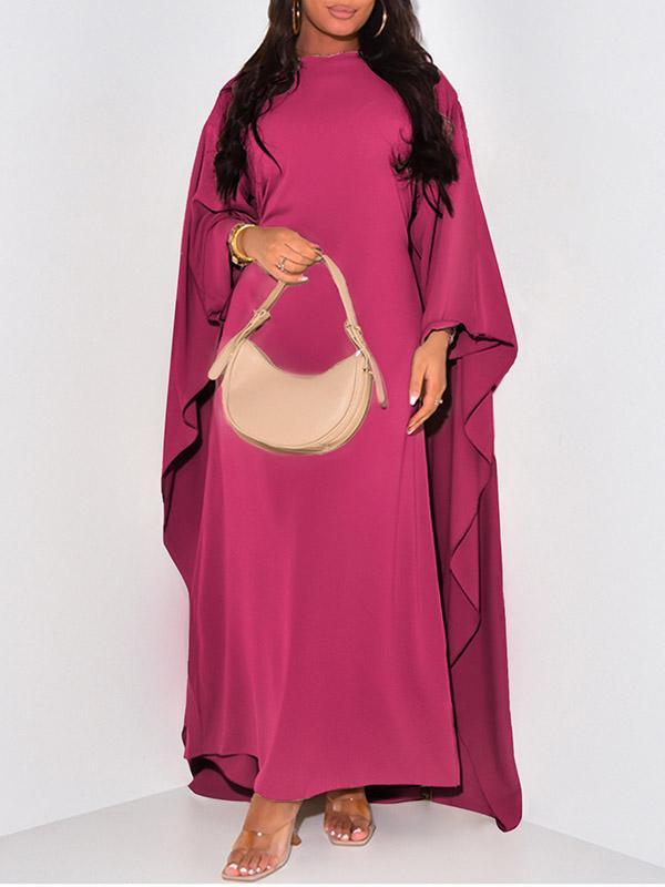 High-Low Long Sleeves Solid Color Round-Neck Maxi Dresses Product Image