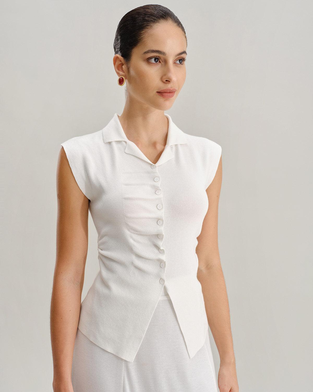 White Ruched Single Breasted Cardigan Product Image
